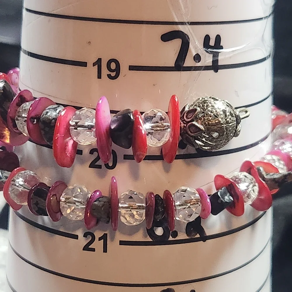 Pink Red Shell Chip Memory Wire Wrap Bracelet Snowflake Obsidian Glass Beads